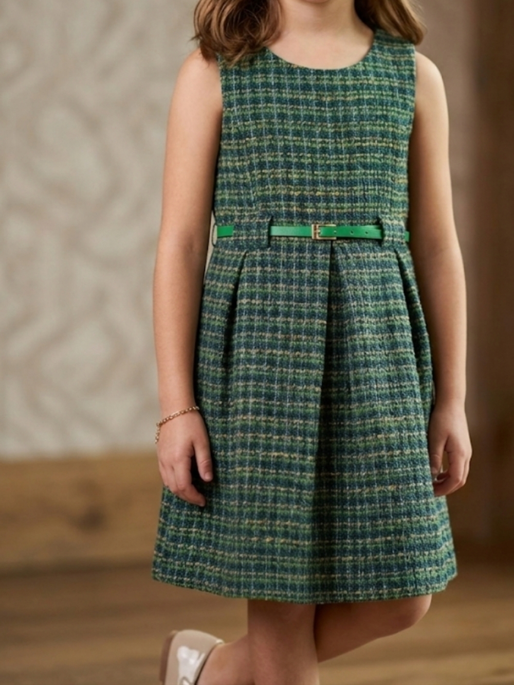 Zara Green Plaid Tweed Sleeveless Dress with Belt 9-10 Y